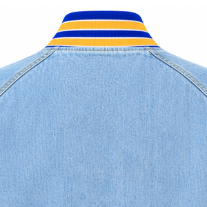 Chaqueta Bomber de Mezclilla para Mujer en Azul Claro, Azul Rey y Amarillo, con Escudo Bordado, Cierre de Botones a Presión y Puños Acanalados, Estilo Casual - Product Image 2