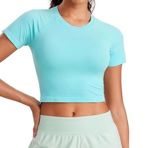 Royal Blue Round Neck Women Yoga <b>Crop</b> <b>Tops</b> Nylon Spandex Flexible Breathable Commercial Active Shirts - Product Image 4