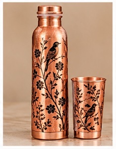 Ensemble artistique de bouteille et de tasse en cuivre, motif sublimé Coucher de soleil en montagne et Forêt, pour l'extérieur - Product Image 3