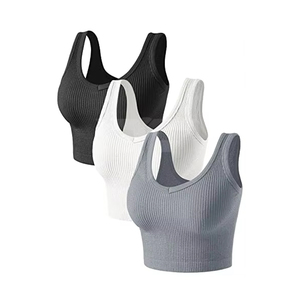 Women Casual <b>Crop</b> Tank <b>Top</b> Vest V-neck Sleeveless Ribbed Seamless Slim Fit Solid Color Yoga Fitness Knitted Wholesale OEM ODM - Product Image 1