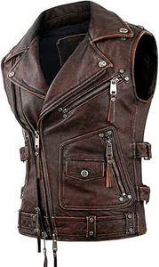 Chaleco de moto de cuero genuino negro para hombre, cuello en V, cierre de cremallera, longitud corta, color sólido, ropa exterior - Product Image 2
