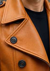 Men's mustard <b>colour</b> Leather Jacket turn down Collar button Closure Sleeve Autumn - Product Image 2