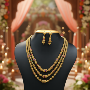 Designer Gold Plated Antique Style 2-Layered Necklace Set with Multi Stones for Wedding - Product Image 3