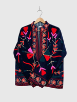 Veste en velours brodée de fleurs, col mandarin, manches longues, grande taille, style Prairie Chic pour femmes, style automne