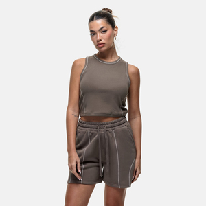 Conjunto de Top Corto de Punto para Mujer, Color Sólido, Cuello Redondo, Sin Mangas, Transpirable, Estilo Minimalista, Pantalones Cortos de Spandex y Poliéster - Product Image 3
