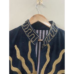 Hand Embroidered <b>Velvet</b> <b>Jacket</b> <b>Women</b> Mandarin Collar Full Sleeve Geometric Sun Pattern Open Front Coat Autumn - Product Image 4