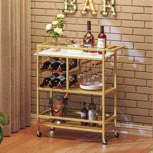Modern Gold Iron <b>Serving</b> <b>Trolley</b> with Glass Shelves Rolling Bar Cart for Home Hotel Restaurant Kitchen Dining Beverage Use - Product Image 1