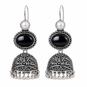 Pendientes Jhumka de Ónix Negro |   Joyería Étnica de Plata Oxidada al por Mayor - Product Image 1