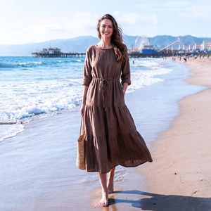 Vestido Midi de Algodón de Moda con Mangas Abullonadas, Holgado, Casual, de Verano, con Lazo Hecho a Mano, Teñido Liso, con Bolsillos para Mujer, Precio al por Mayor - Product Image 1