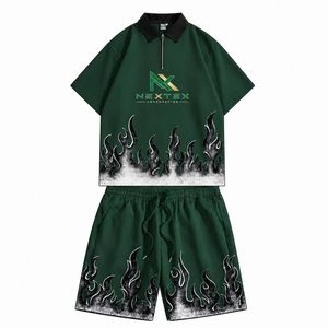 Custom <b>Men</b> Flame Print Half <b>Zip</b> Polo Shirt <b>Shorts</b> Set 2 Piece Summer Streetwear Hip Hop Outfit Casual Active Wear Clothes - Product Image 6