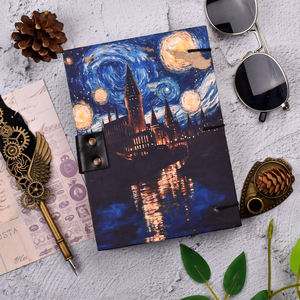 A5 Fantasy Castle Handmade Paper Journal | Eco Friendly Hardcover <b>Lock</b> Diary with Night Sky Artwork Design Gift Set for Journals - Product Image 2