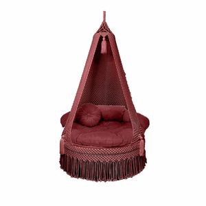 Hamac suspendu en macramé marron 72"X44" avec coussin en velours, pompons et corde pour intérieur, extérieur, jardin, chambre - Product Image 3