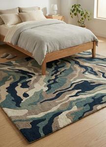 Alfombra de área de lana tuftada a mano, antideslizante, de pelo medio, en azul marino, verde azulado, gris y marfil, con un moderno patrón de ondas abstractas, fabricada en India. - Product Image 5