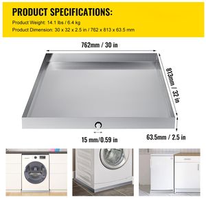 Vassoio di scarico compatto per lavatrice in acciaio inossidabile 304 resistente, spessore 18 GA, 32 x 30 x 2,5 pollici, con foro di scarico - Product Image 4