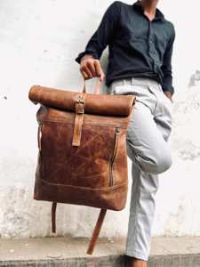 Water Repellent Genuine Leather Roll Top Backpack Protective <b>Laptop</b> Sleeve Men Cowhide Travel Daypack <b>Bag</b> LRTB-0134 - Product Image 2