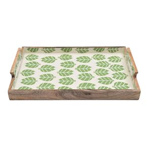 Plateau de service rectangulaire en bois de manguier fait main avec incrustation émaillée feuille verte, plateau de table basse décoratif en bois avec poignées - Product Image 1