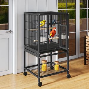 Cage à oiseaux en métal de 41 pouces avec support roulant, plateau, 2 perchoirs et mangeoires - Noir - Product Image 1