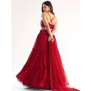 Lehenga Choli de créateur de georgette à paillettes rouges avec Dupatta - Product Image 6