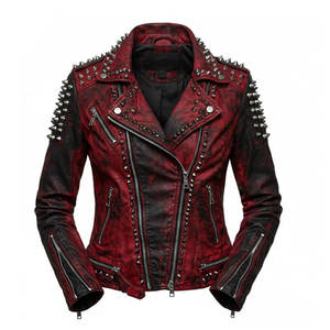 Chaqueta de Motociclista para Hombre, Estilo Punk, de Cuero Vacuno, con Capucha, Acolchada, Resistente al Viento, con Remaches Rojos y Negros, Cierre de Cremallera - Product Image 2