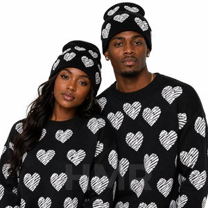 HMR Sisterhood Brotherhood Black Heart Pattern Jacquard Beanie Designer Skull Hat Unisex Winter Hat Adult Casual Knit Hat - Product Image 5