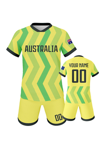 Maillot de football d'Australie à col en V, manches courtes, sublimé, anti-humidité, uniforme pour homme adulte, kit d'équipe jaune et vert rayé - Product Image 2
