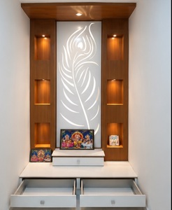 Modern <b>Mandir</b> in Peacock Feather Design Wooden Pooja Cabinet With Storage Drawers Teak Wood Pooja Ghar For Prayer Room Australia - Product Image 5