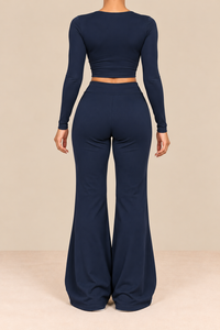 <b>Women</b> <b>Navy</b> Blue Notch Neck Zip Crop <b>Top</b> Flared Pants Two Piece Matching Set - Product Image 3