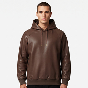 Sweat à capuche en cuir pour homme, style streetwear, en cuir véritable, à manches longues, pour garçons - Product Image 6