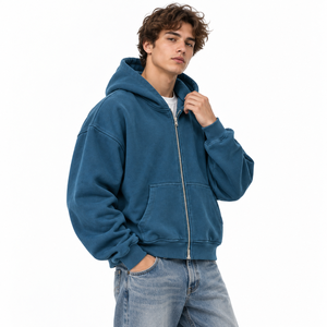 Sweat à capuche zippé pour homme en polaire avec poches latérales, ourlet côtelé, coupe ample, broderie, design sportif personnalisé, ODM, faible MOQ - Product Image 2