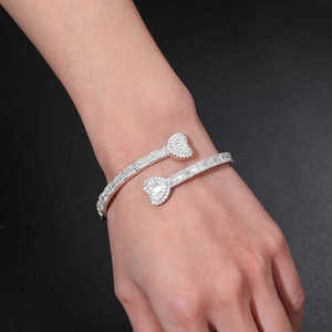 <b>Solid</b> <b>Gold</b> Twin Heart Bypass <b>Bangle</b> Lab Grown Diamond Open Cuff Bracelet 14K <b>Gold</b> Baguette Diamond IGI Certified Anniversary - Product Image 1