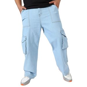 Pantalones Cargo de Mezclilla Azul Claro Ecológicos para Hombre, 100% Algodón, Corte Holgado, Pierna Ancha, Cintura Media, Estilo Casual Hip Hop - Product Image 1