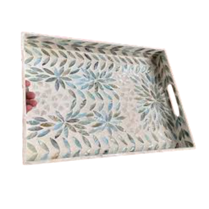 Plateau de service rectangulaire en rotin tressé fait main avec nacre, décoration naturelle pour la maison, plateau de table basse, cadeau unique, cuisine - Product Image 6