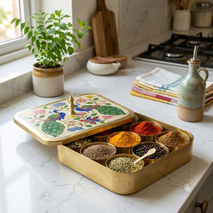Boîte à épices carrée en laiton artisanal avec double paon émaillé, luxe indien, Masala Dabba, organisateur de rangement décoratif pour cuisine - Product Image 4