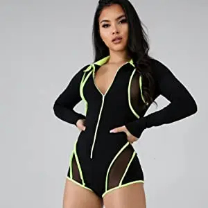 Women Black Red Trim Deep <b>V</b> <b>Neck</b> Short Sleeve <b>Bodysuit</b> With Zipper And Mesh Panels - Product Image 4