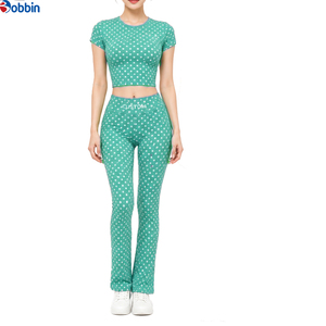 Conjunto de 2 Piezas Personalizado para Mujer, Verano, Top Corto de Manga Corta con Estampado de Lunares Negros y Pantalones Acampanados con Logotipo Personalizado, Casual, para Toda Temporada - Product Image 2
