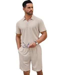 Ensemble 2 pièces en polaire polyester pour homme, motif floral, polo zippé, short, tenue décontractée d'été, survêtement de jogging, vêtements de sport, gym, fitness - Product Image 1