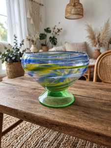 Bohemian Art Glass Serving <b>Bowl</b> Pedestal Dishwasher Safe <b>Blue</b> Green Swirl Decorative Soup Dinner <b>Bowl</b> for Home Dining - Product Image 1