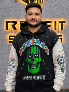 Sweat-shirt à capuche zippé noir pour homme avec impression DTG verte et strass, style streetwear, coupe oversize, en coton French Terry - Product Image 1
