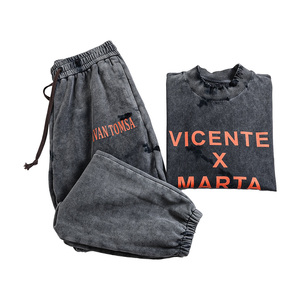 Producto de moda: Conjunto de sudadera con capucha y pantalones deportivos con efecto acid wash, logotipo personalizado, traje de algodón para correr, a la venta en línea. - Product Image 1