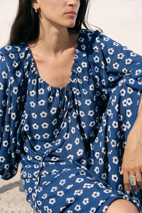 Robe d'été décontractée en coton imprimé, style bohème, pour femme, bleue à carreaux, écologique, ample, longue, à manches bouffantes, pour la plage - Product Image 4