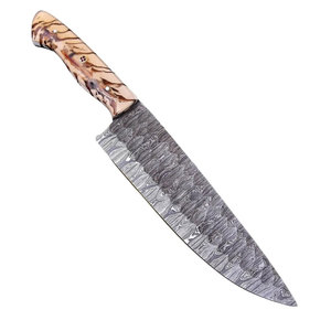 Couteau de chef en acier Damas avec manche en bois et ciseaux personnalisés avec logo imprimé – Élégance et beauté - Product Image 1