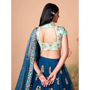 Lehenga choli เหตุการณ์ตาข่ายกระจกสีฟ้านกพิราบสุดอลังการ - Product Image 1