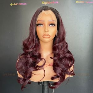 Extensiones de cabello brasileño con peluca ondulada hinchable de Borgoña rojo oscuro de vino de alta calidad con materia prima de encaje suizo transparente HD - Product Image 2