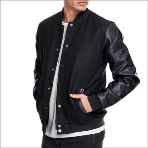 OEM Manufacturer's Custom Logo Varsity Jacket High Quality Premium Leather Black Plain Jacket <b>Warm</b> Leather Sleeves Plus Size Men - Product Image 1