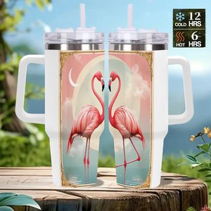 40Oz Stainless Steel Tumbler With Handle Flamingo Design Travel <b>Mug</b> - Product Image 2