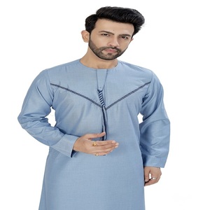 <b>Men's</b> Light Blue Polyester <b>Thobe</b> Neck Long Sleeve Embroidered Detail Casual Daily Wear Floor Length Regular Fit Middle East - Product Image 2