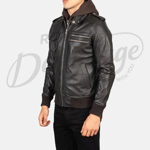 Veste cargo en cuir marron expresso pour homme, avec deux poches symétriques sur la poitrine, manteau en cuir véritable, parka à col haut, vente en gros - Product Image 5