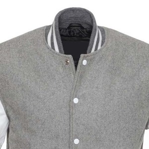 High Quality Men's Winter Varsity <b>Jacket</b> Wool <b>Grey</b> Leather Sleeve with Stand Collar Casual Style OEM Custom Button Design - Product Image 5