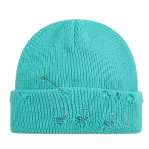 Compra al por mayor: Gorros de invierno personalizados estilo grunge con perforaciones, gorros de punto acanalado desgastados al por mayor con anillos plateados desmontables - Product Image 2