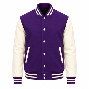 Blouson universitaire pour homme violet et blanc à manches longues, col montant, boutons recouverts, style décontracté, coupe régulière, pour l'hiver, 100 % laine, séchage rapide - Product Image 1